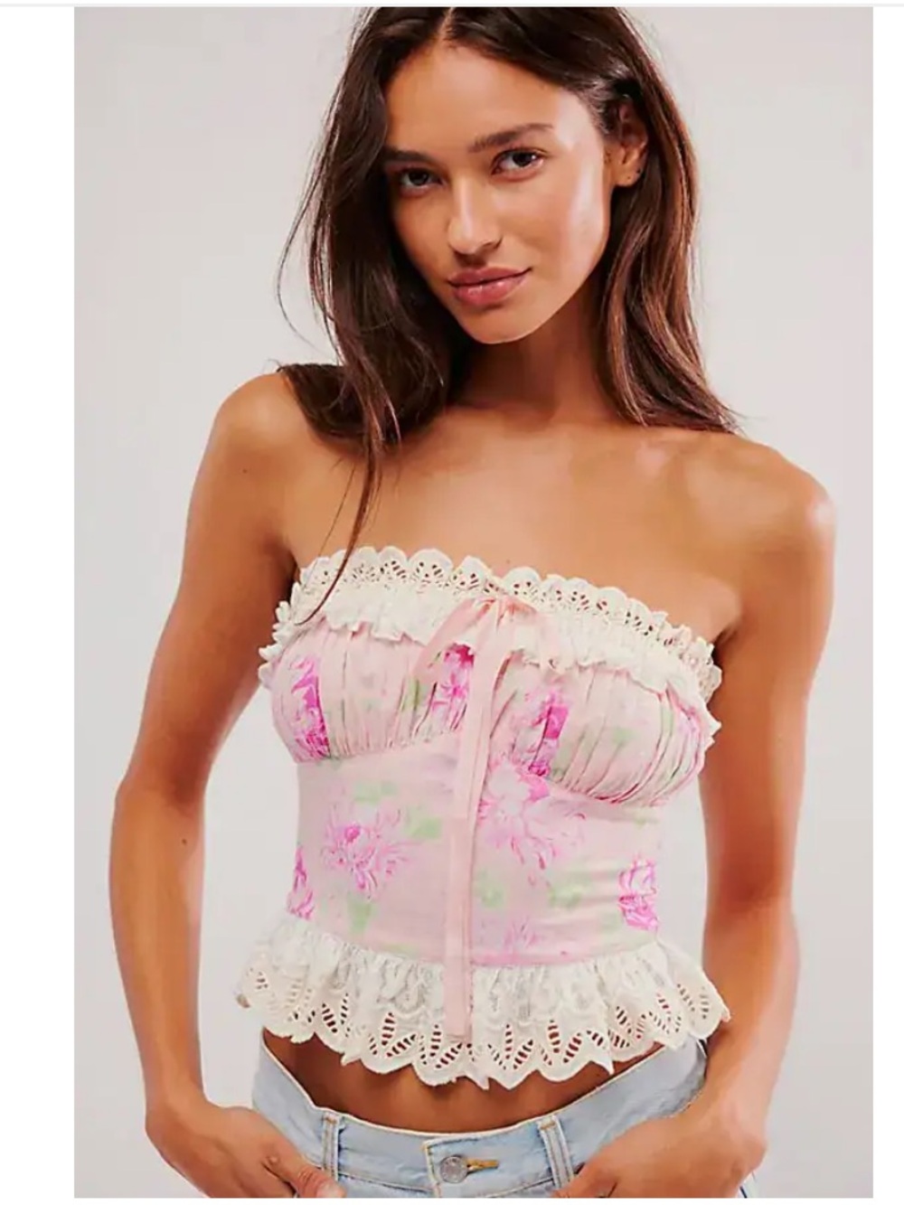 Free People Dolly Tube Lace Ruffles Crochet Floral Top With Bow Details L